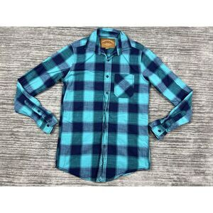 Red Camel Top Womens Small Blue Plaid Button Up Long Sleeve 100% Cotton‎